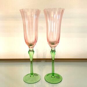 Pink & Green Tulip Shaped Champagne Flute Glasses Set of 2 Spring Barware NEW
